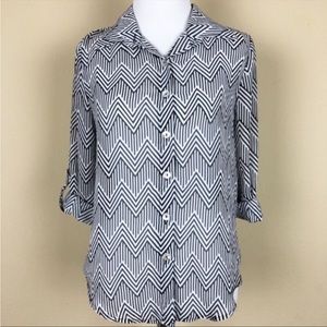 About a Girl Gray and White Chevron Semi Sheer Button Blouse - Size XS